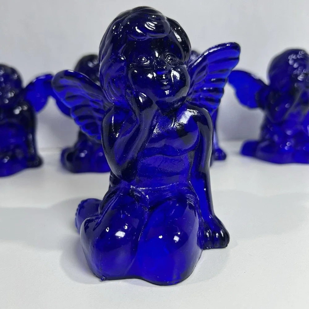 Vintage Cobalt Blue Glass Sitting Cherub Taper Candlestick Holders Set of 6